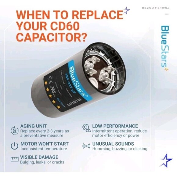 BlueStars Ultra Durable 189-227 uf/MFD 125 VAC Volts Round Start Capacitor 50/60 - Picture 11 of 12